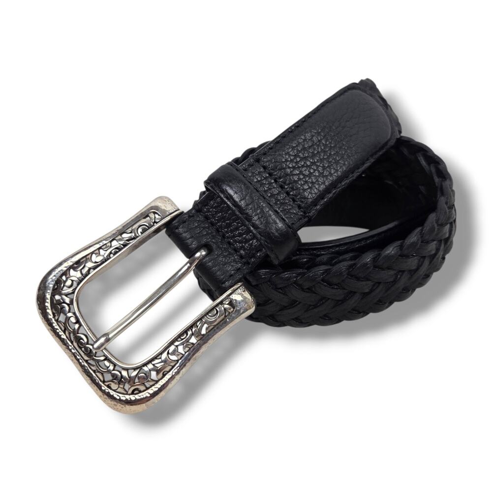 Brighton Leather Womens Belt Size 34 Black Braided Woven Black Silver Filigree